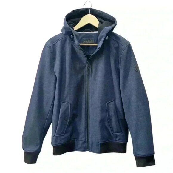 Guess Mens Bomber Jacket Hooded Casual Fall Navy Blue and Black Size Medium - Picture 1 of 12